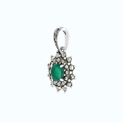 Sterling Silver 925 Pendant Embedded With Natural Green Agate And Marcasite Stones