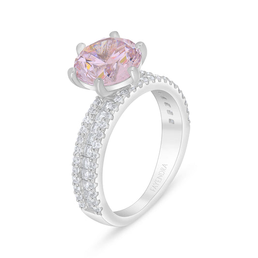 Sterling Silver 925 Ring Rhodium Plated Embedded With Pink Zircon And White Zircon