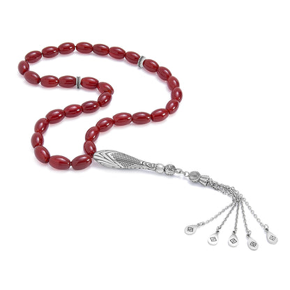 Rosary 33 Dark Red Agate, Olive Cabochon, 8*12 mm With Stainless Steel 316L Set Silver And Black Plated