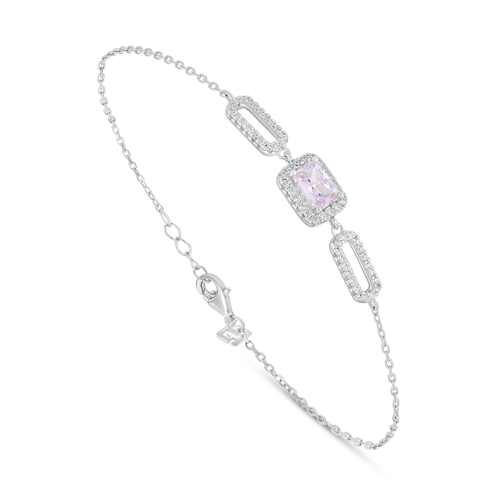 Sterling Silver 925 Bracelet Rhodium Plated Embedded With Pink Zircon And White Zircon