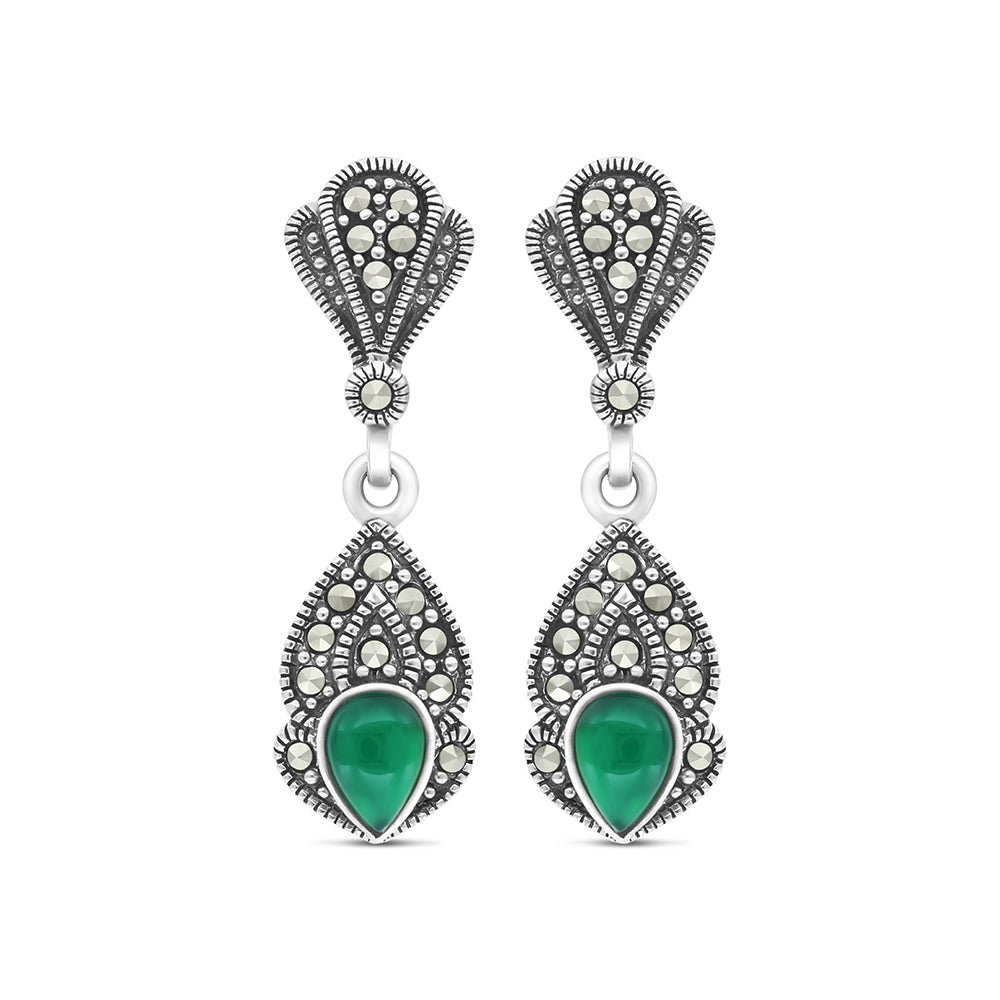 Sterling Silver 925 Earring Embedded With Natural Green Agate And Marcasite Stones