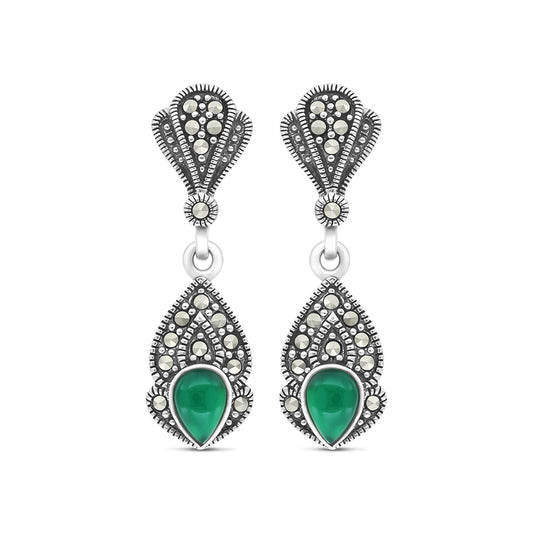 Sterling Silver 925 Earring Embedded With Natural Green Agate And Marcasite Stones