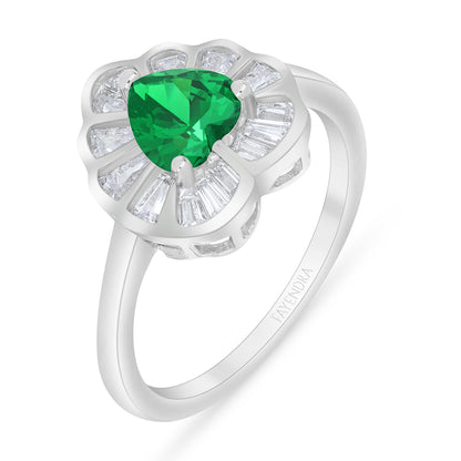 Sterling Silver 925 Ring Rhodium Plated Embedded With Emerald Zircon And White Zircon