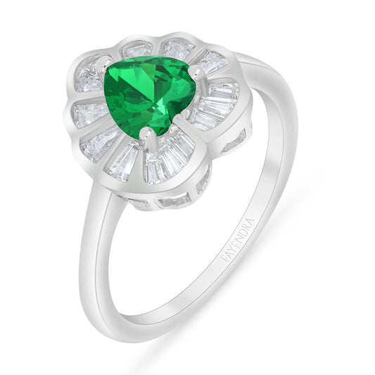 Sterling Silver 925 Ring Rhodium Plated Embedded With Emerald Zircon And White Zircon