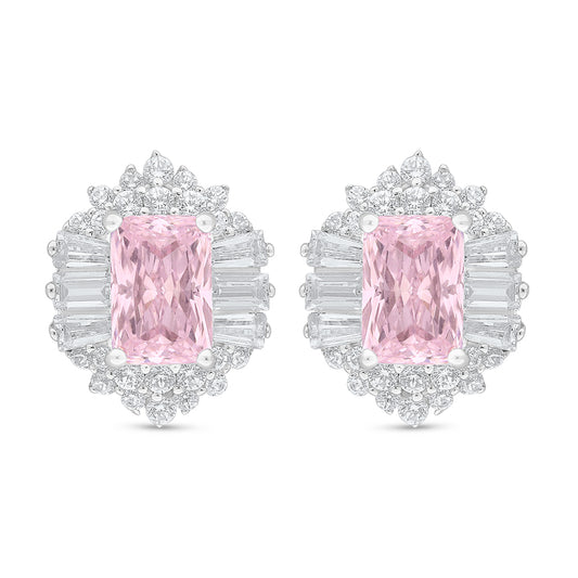 Sterling Silver 925 Earring Rhodium Plated Embedded With Pink Zircon And White Zircon