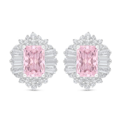 Sterling Silver 925 Earring Rhodium Plated Embedded With Pink Zircon And White Zircon