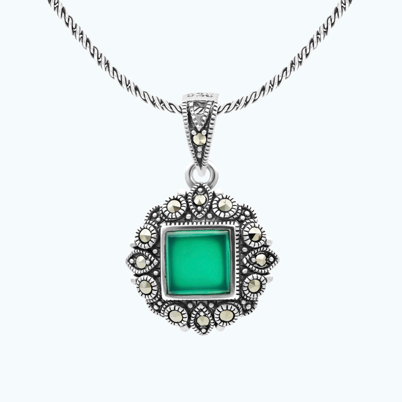Sterling Silver 925 Pendant Embedded With Natural Green Agate And Marcasite Stones