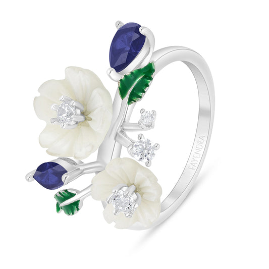 Sterling Silver 925 Ring Rhodium Plated Embedded With White Shell And Sapphire Corundum And White Zircon