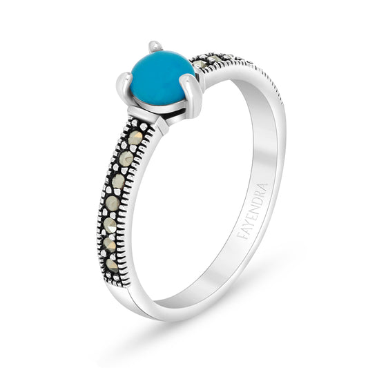 Sterling Silver 925 Ring Embedded With Natural Processed Turquoise And Marcasite Stones