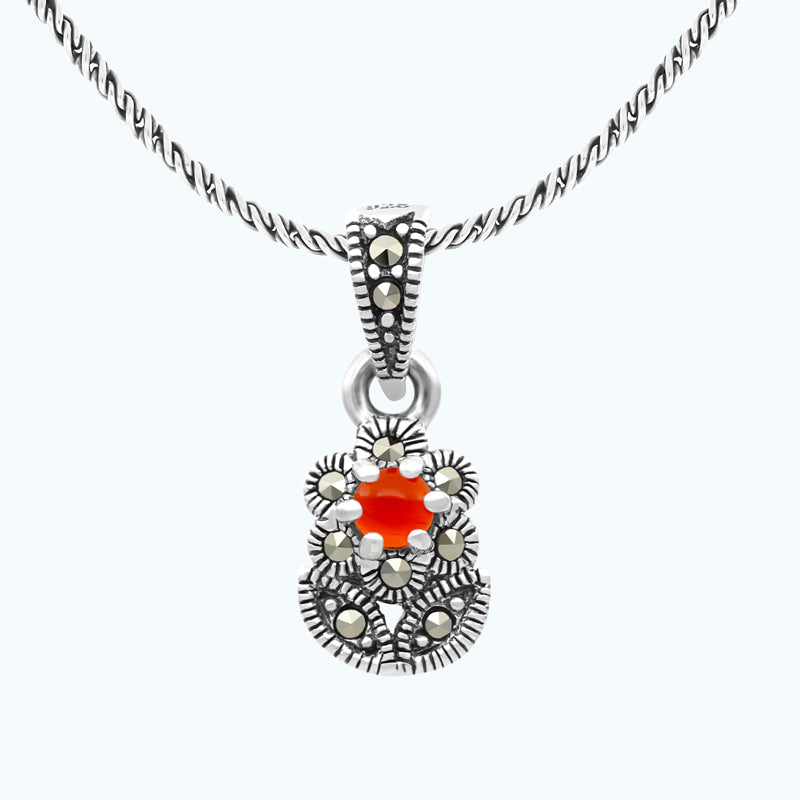 Sterling Silver 925 Pendant Embedded With Natural Aqiq And Marcasite Stones