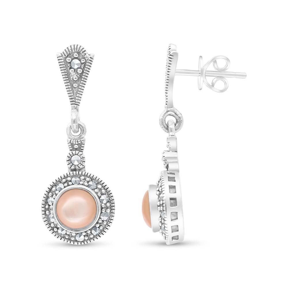 Sterling Silver 925 Earring Embedded With Natural Pink Shell And Marcasite Stones