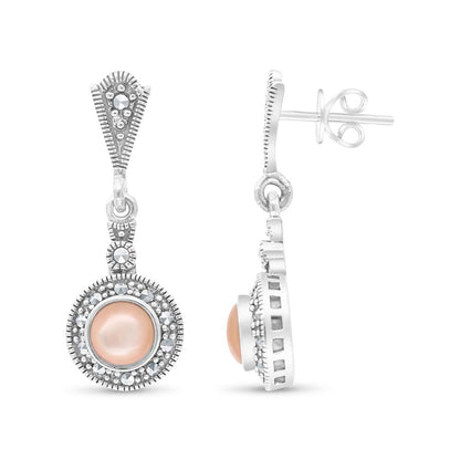 Sterling Silver 925 Earring Embedded With Natural Pink Shell And Marcasite Stones