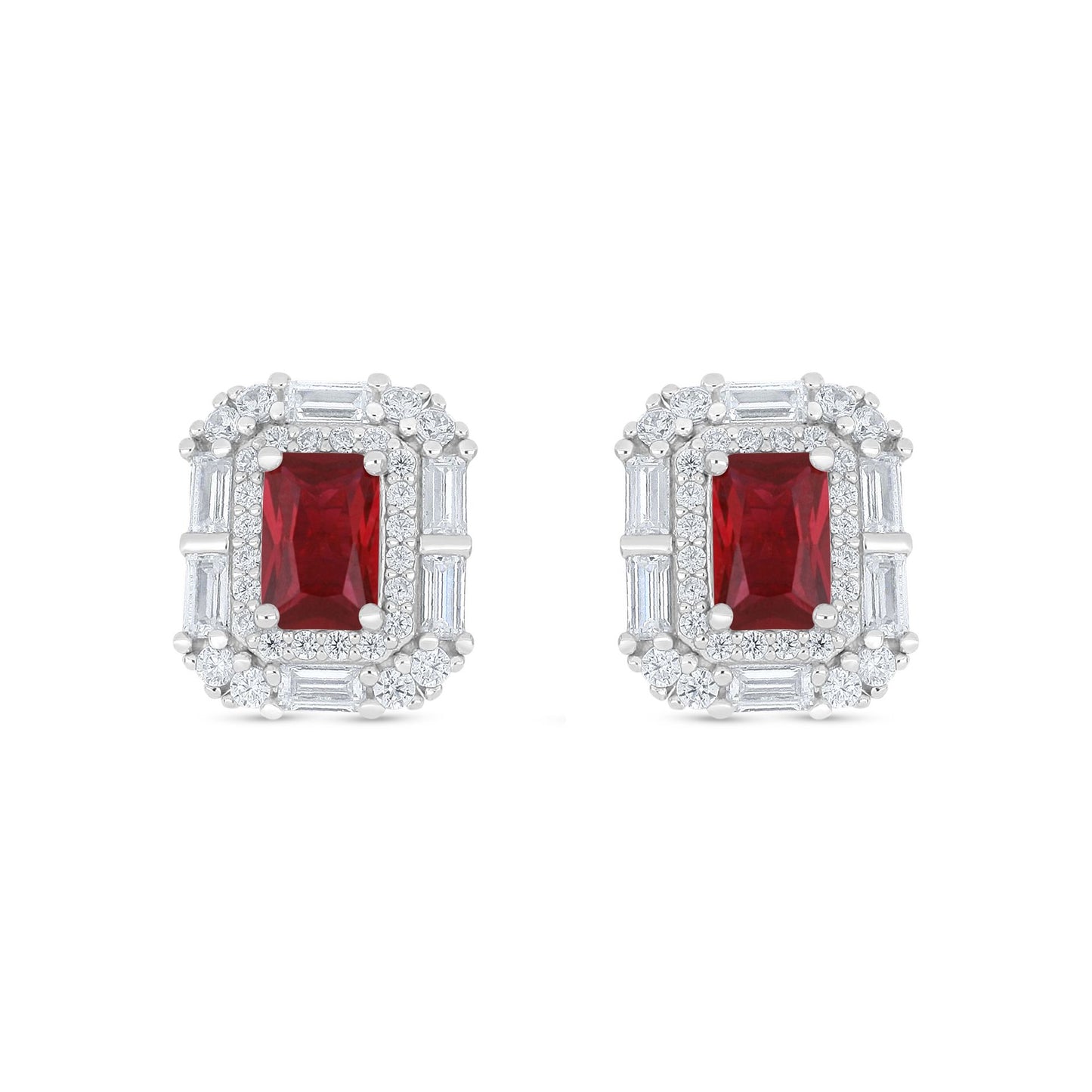 Sterling Silver 925 Earring Rhodium Plated Embedded With Ruby Corundum And White Zircon
