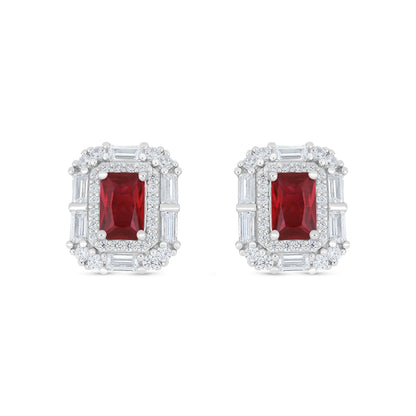 Sterling Silver 925 Earring Rhodium Plated Embedded With Ruby Corundum And White Zircon