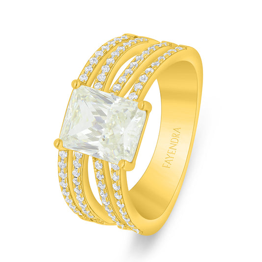 Sterling Silver 925 Ring Golden Plated Embedded With Yellow Diamond And White Zircon