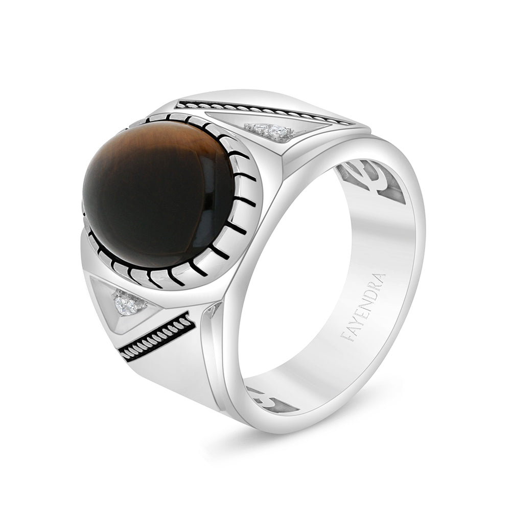 Sterling Silver 925 Ring Rhodium And Black Plated Embedded With Cabochon Yellow Tiger Eye And White Zircon For Men