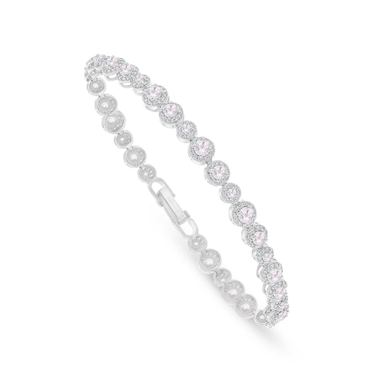 Sterling Silver 925 Bracelet Rhodium Plated Embedded With Pink Zircon And White Zircon