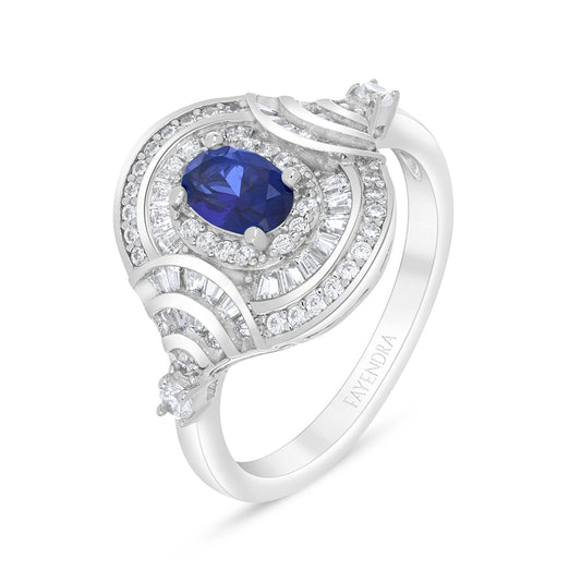 Sterling Silver 925 Ring Rhodium Plated Embedded With Sapphire Corundum And White Zircon
