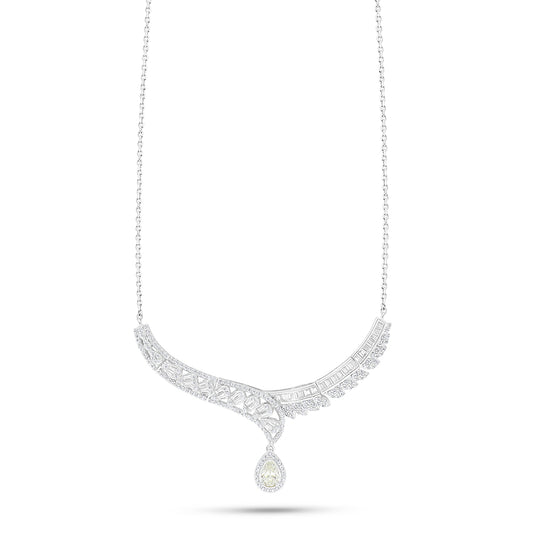 Sterling Silver 925 Necklace Rhodium Plated Embedded With Yellow Diamond And White Zircon