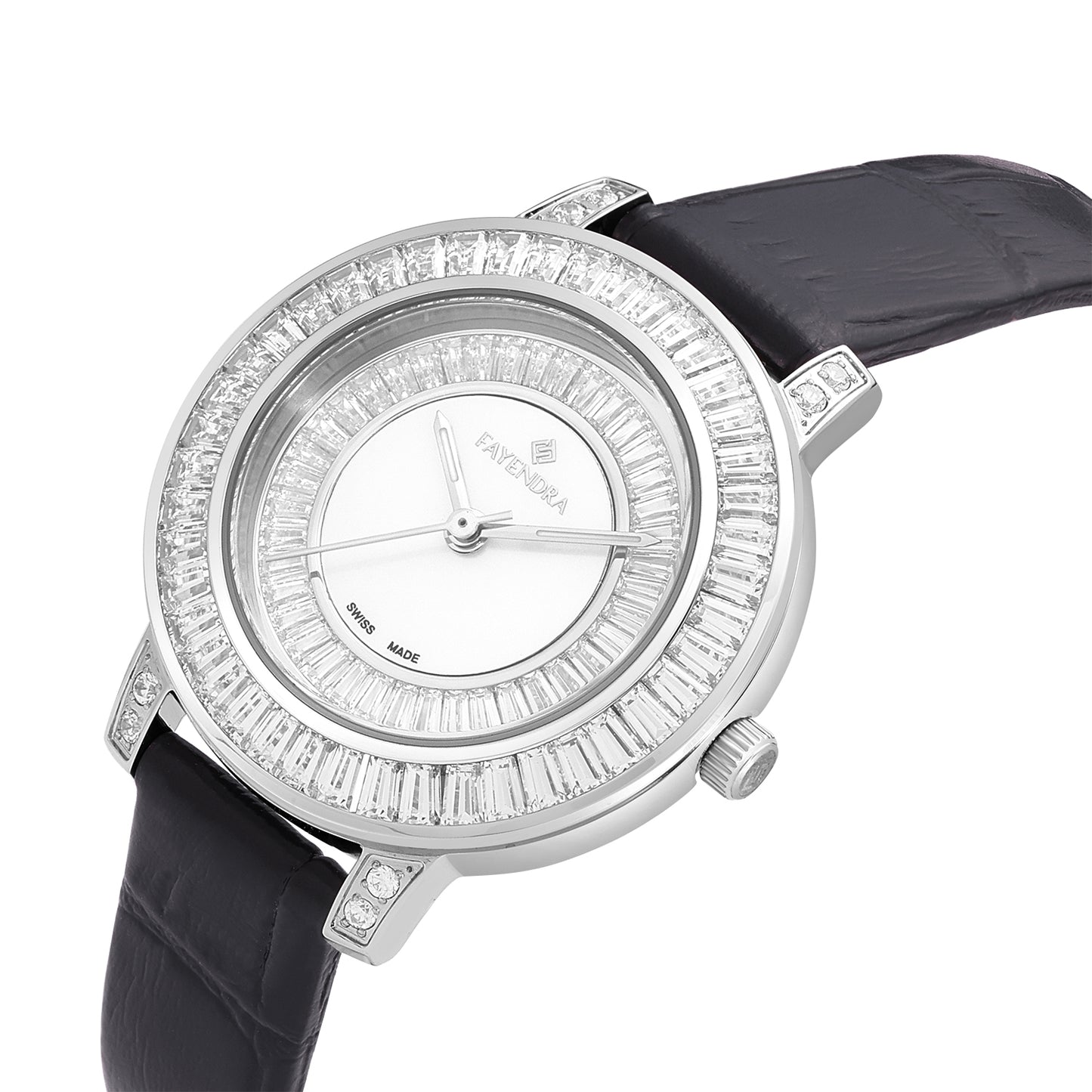 Stainless Steel 316L Watch Silver Color Black Leather Embedded With White Zircon - WHITE MOP DIAL