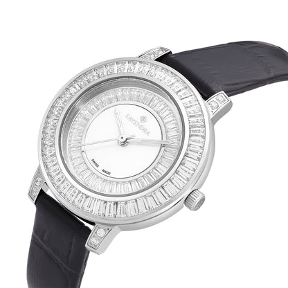 Stainless Steel 316L Watch Silver Color Black Leather Embedded With White Zircon - WHITE MOP DIAL