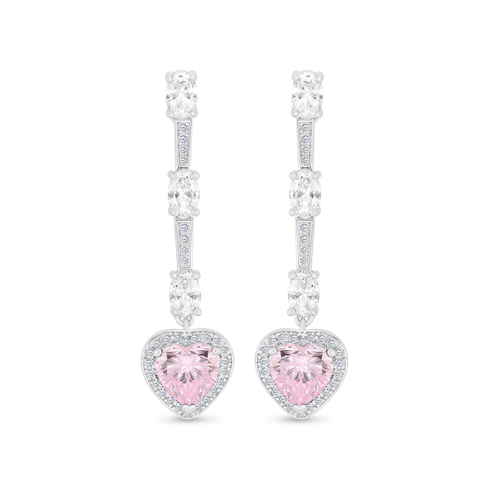 Sterling Silver 925 Earring Rhodium Plated Embedded With Pink Zircon And White Zircon