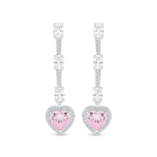 Sterling Silver 925 Earring Rhodium Plated Embedded With Pink Zircon And White Zircon