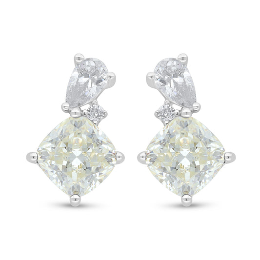 Sterling Silver 925 Earring Rhodium Plated Embedded With Yellow Diamond And White Zircon