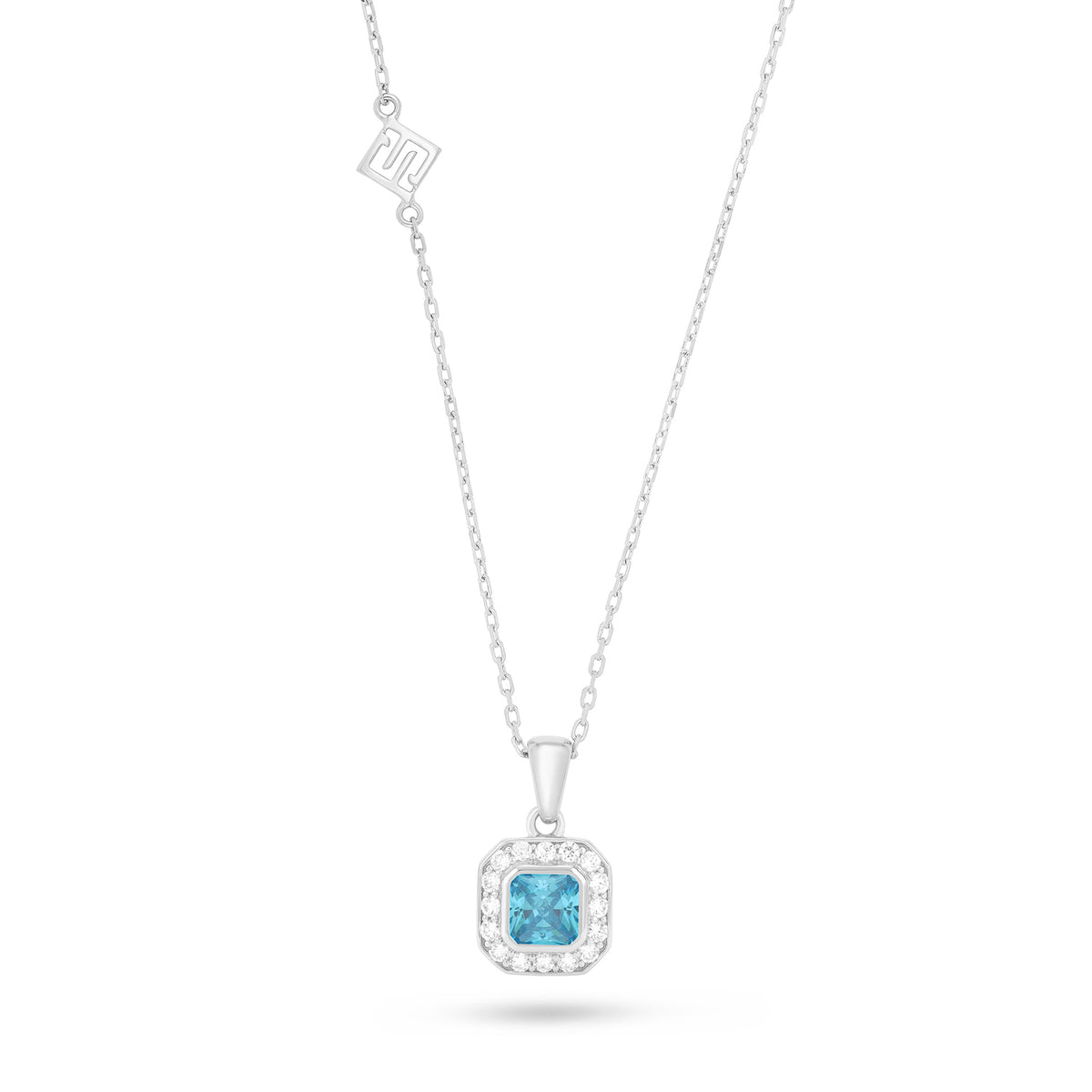 Sterling Silver 925 Necklace Rhodium Plated Embedded With Aqua Zircon Color And White Zircon