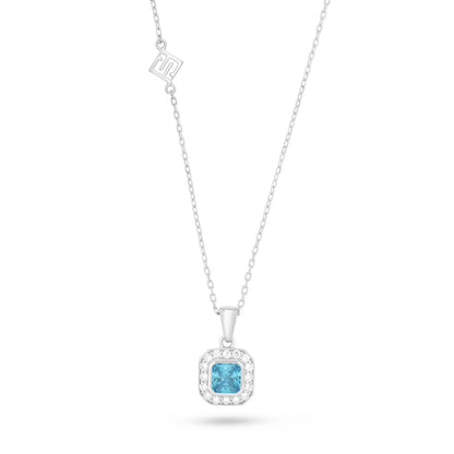 Sterling Silver 925 Necklace Rhodium Plated Embedded With Aqua Zircon Color And White Zircon