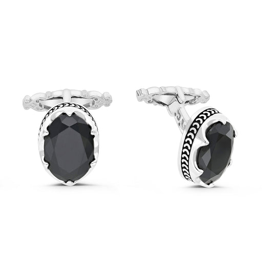 Sterling Silver 925 Cufflink Rhodium And Black Plated Embedded With Black Spinal