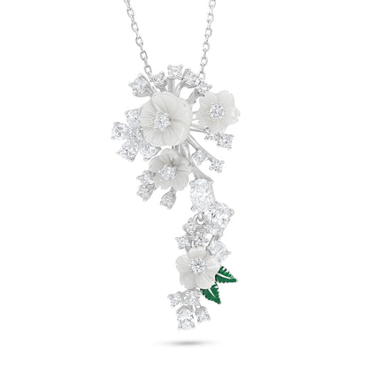 عقد من الفضة الخالصة عيار 925 مطلي روديوم مرصع صدف ابيض و فص ابيض