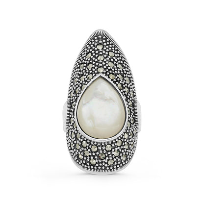 Sterling Silver 925 Ring Embedded With Natural White Shell And Marcasite Stones