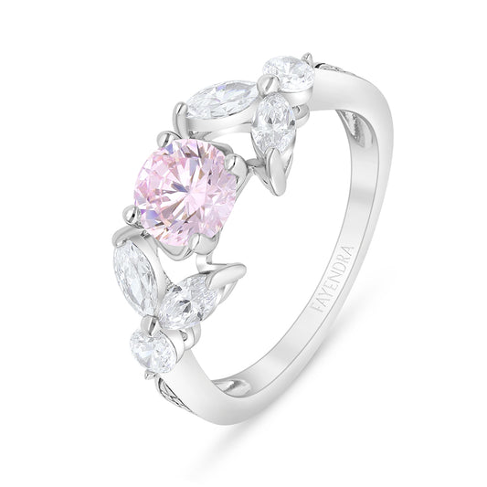 Sterling Silver 925 Ring Rhodium Plated Embedded With Pink Zircon And White Zircon