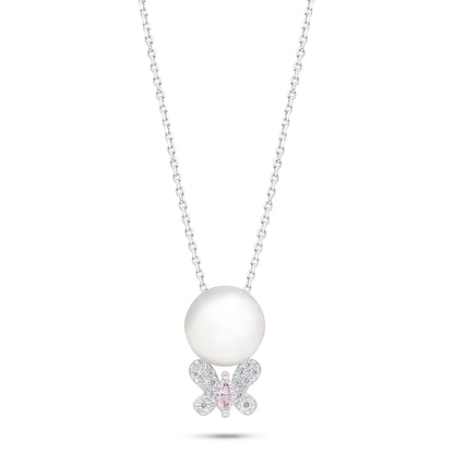 Sterling Silver 925 Necklace Rhodium Plated Embedded With Natural White Pearl And Pink Zircon And White Zircon