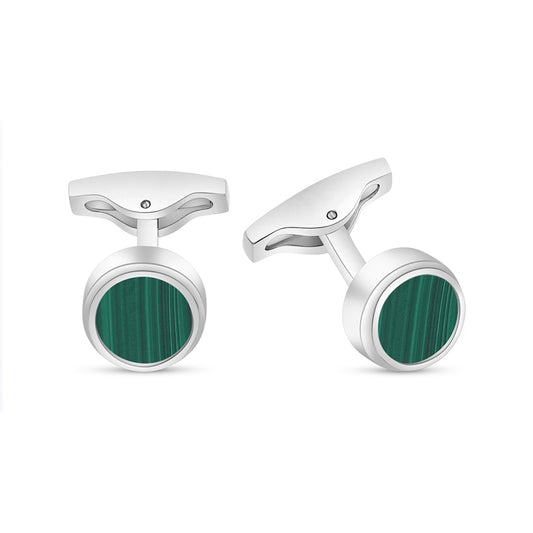 Stainless Steel Cufflink 316L Silver Color Embedded With Malachite Shiny Steel
