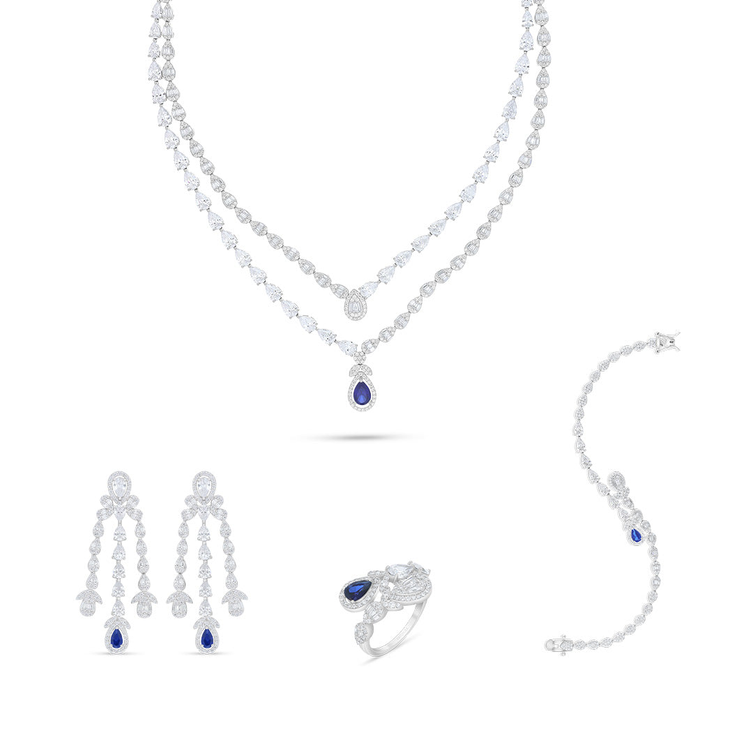 Sterling Silver 925 Set Rhodium Plated Embedded With Sapphire Corundum And White Zircon