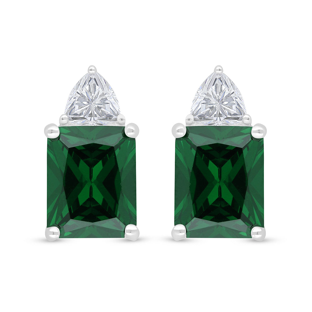 Sterling Silver 925 Earring Rhodium Plated Embedded With Emerald Zircon And White Zircon