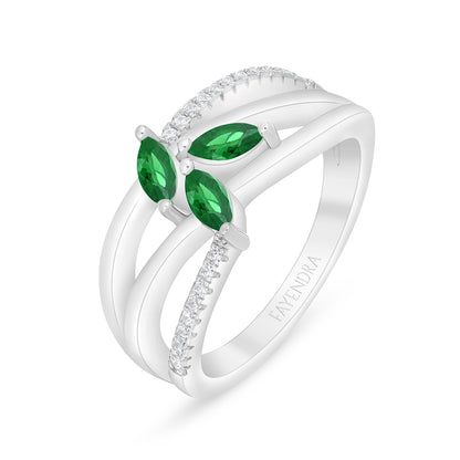 Sterling Silver 925 Ring Rhodium Plated Embedded With Emerald Zircon And White Zircon
