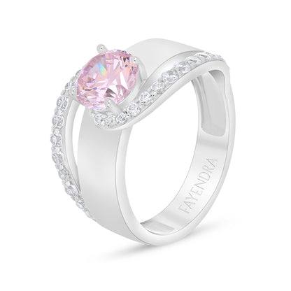 Sterling Silver 925 Ring Rhodium Plated Embedded With Pink Zircon And White Zircon