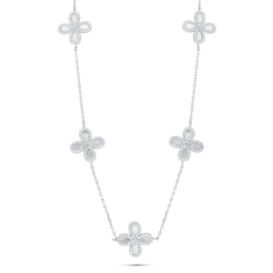 Sterling Silver 925 Necklace Rhodium Plated Embedded With white Shell And White Zircon