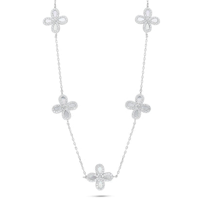 Sterling Silver 925 Necklace Rhodium Plated Embedded With white Shell And White Zircon