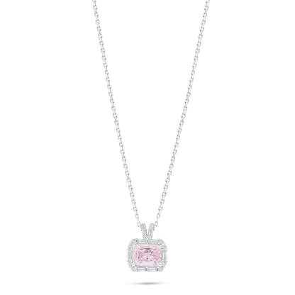 Sterling Silver 925 Necklace Rhodium Plated Embedded With Pink Zircon And White Zircon