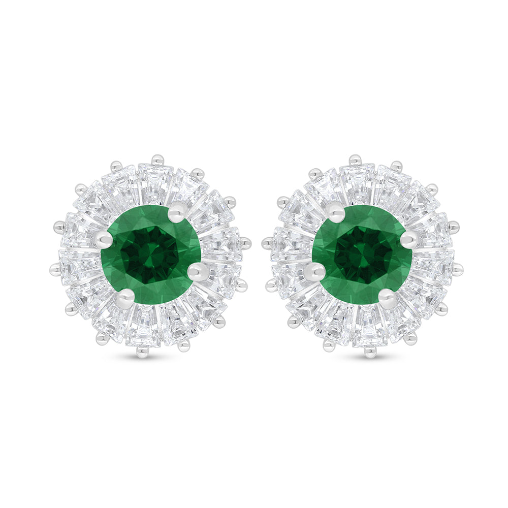Sterling Silver 925 Earring Rhodium Plated Embedded With Emerald Zircon And White Zircon