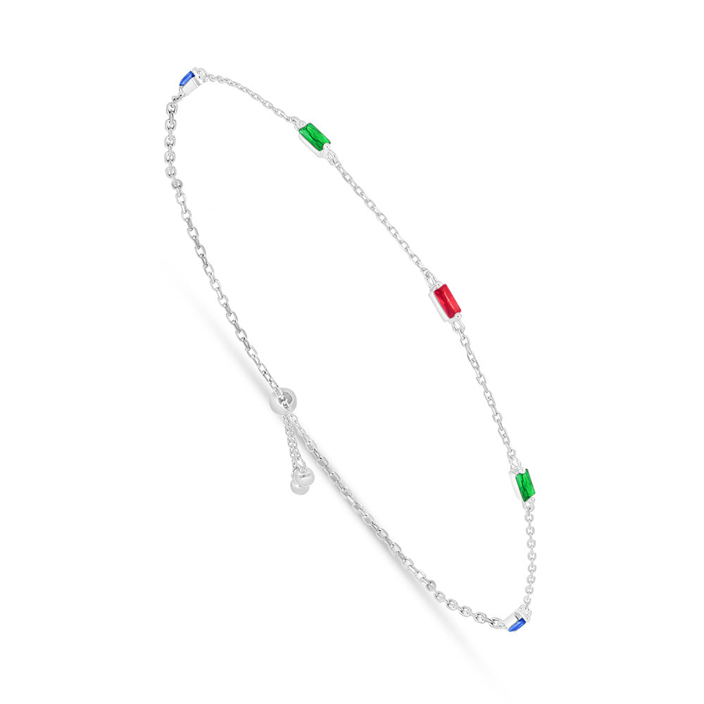 Sterling Silver 925 Bracelet Rhodium Plated Embedded With Emerald Zircon And Ruby Corundum, Sapphire Corundum