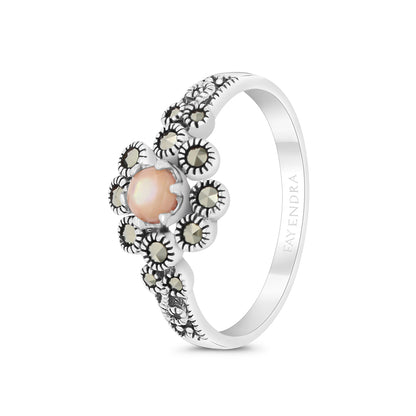 Sterling Silver 925 Ring Embedded With Natural Pink Shell And Marcasite Stones