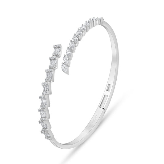 Sterling Silver 925 Bangle Rhodium Plated Embedded With White Zircon ( 52*58 )