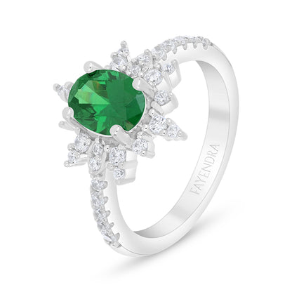 Sterling Silver 925 Ring Rhodium Plated Embedded With Emerald Zircon And White Zircon