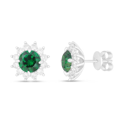 Sterling Silver 925 Earring Rhodium Plated Embedded With Emerald Zircon And White Zircon