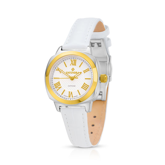 ساعة ستانلس ستيل عيار  L316 بلون فضي و ذهبي جلد ابيض - مينا معدنية باللون الابيض